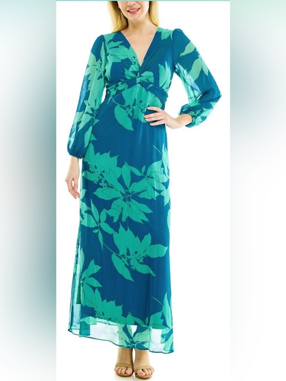 Maison Tara Tropical Long Sleeve V-Neck Knot Front Empire Waist Maxi Dress
